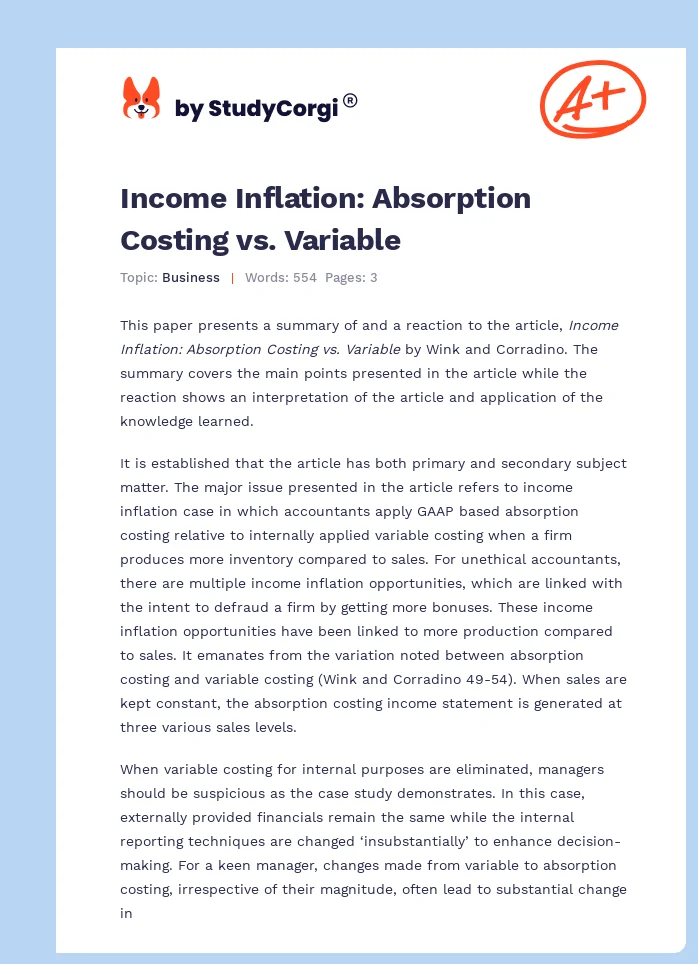 Income Inflation: Absorption Costing vs. Variable. Page 1