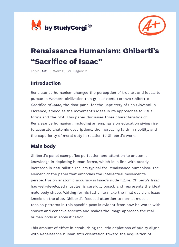 Renaissance Humanism: Ghiberti’s “Sacrifice of Isaac”. Page 1