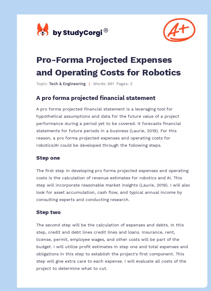 Pro-Forma Projected Expenses and Operating Costs for Robotics. Page 1