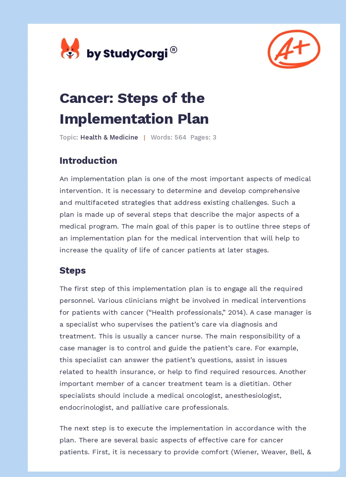 Cancer: Steps of the Implementation Plan. Page 1