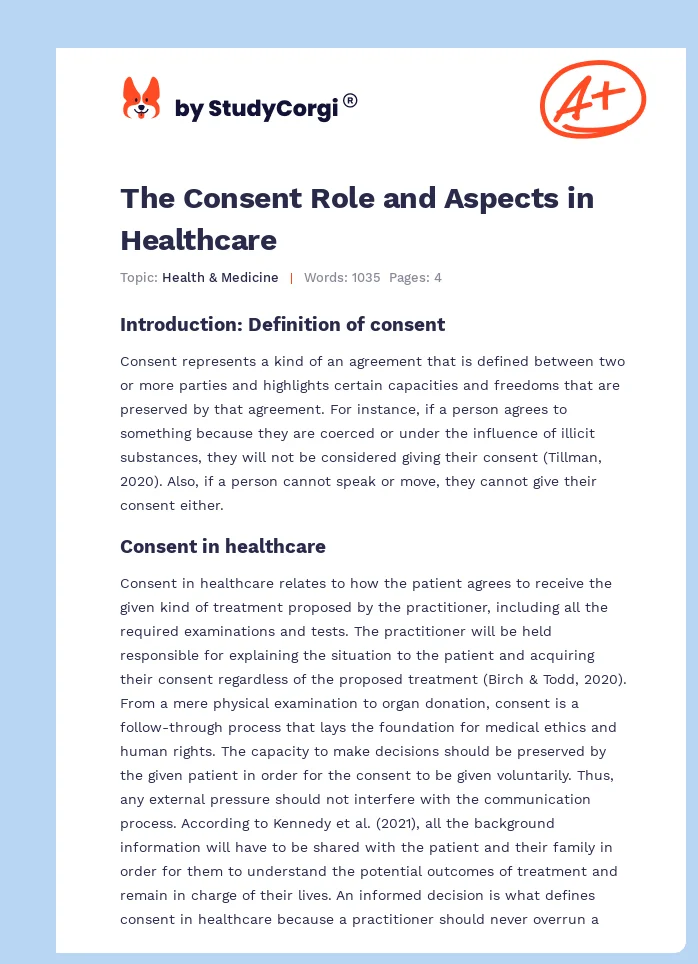 The Consent Role and Aspects in Healthcare. Page 1