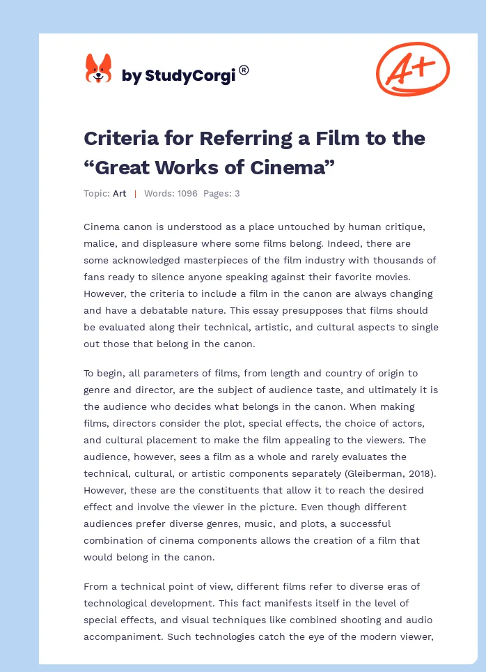 Criteria for Referring a Film to the “Great Works of Cinema”. Page 1