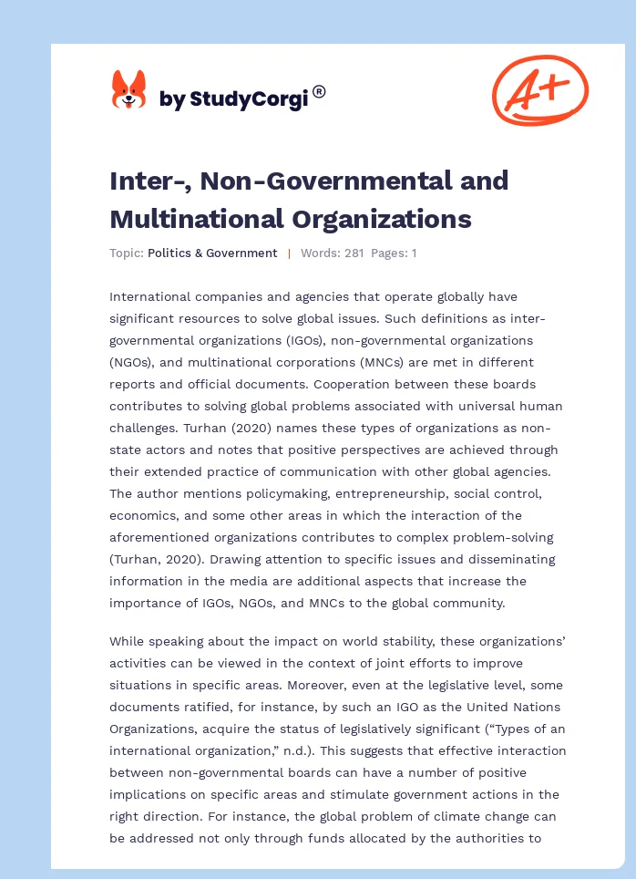 Inter-, Non-Governmental and Multinational Organizations. Page 1