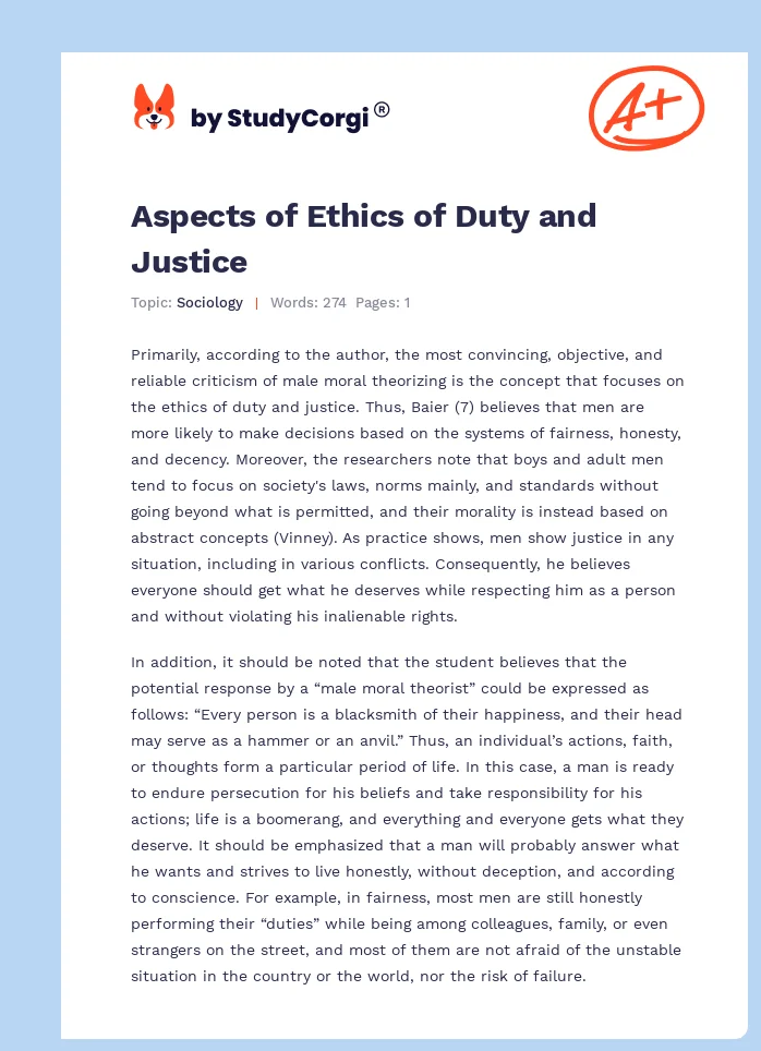 Aspects of Ethics of Duty and Justice. Page 1