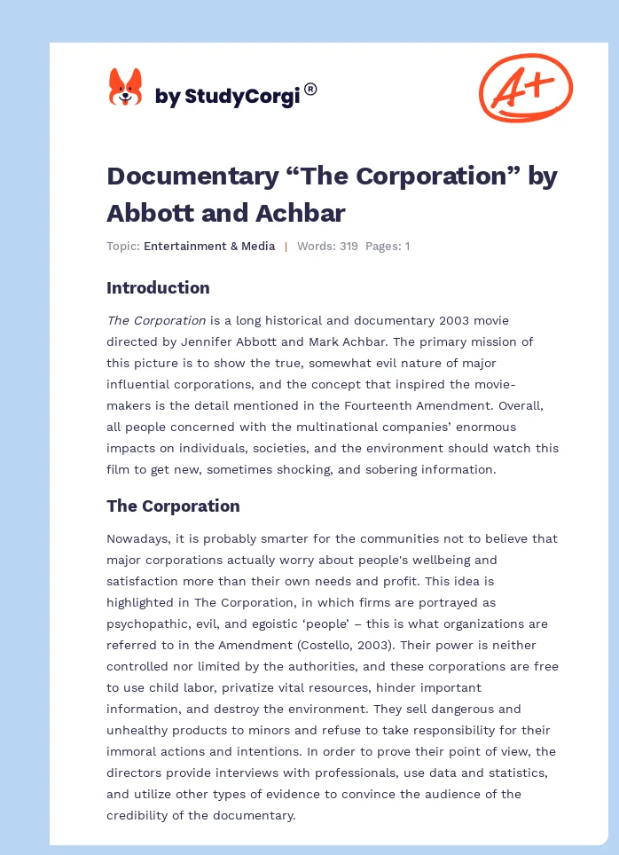 Documentary “The Corporation” by Abbott and Achbar. Page 1