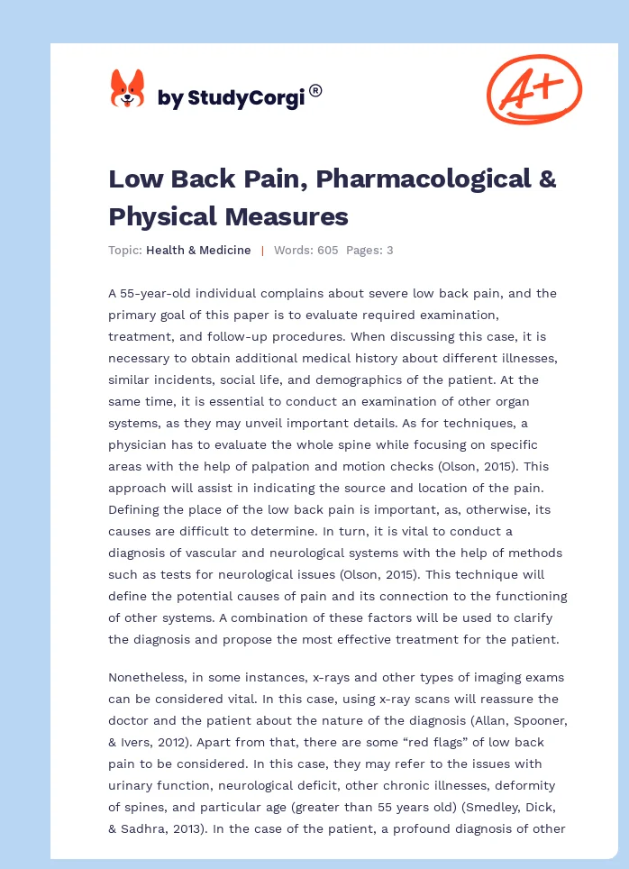Low Back Pain, Pharmacological & Physical Measures. Page 1