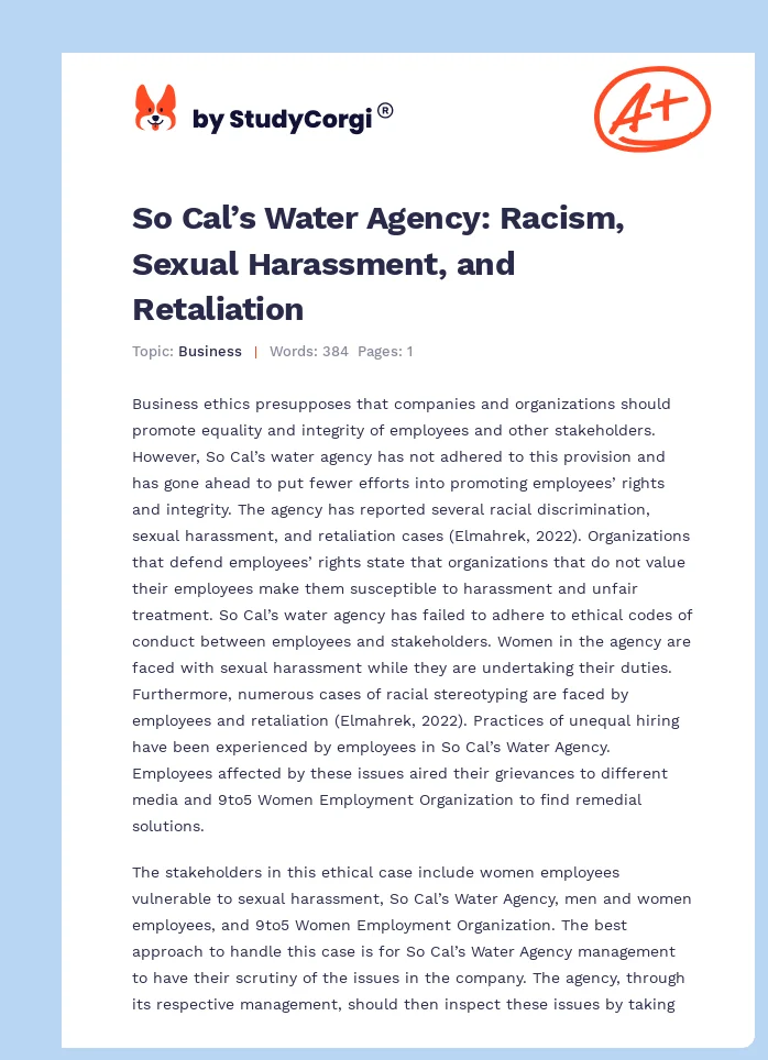 So Cal’s Water Agency: Racism, Sexual Harassment, and Retaliation. Page 1