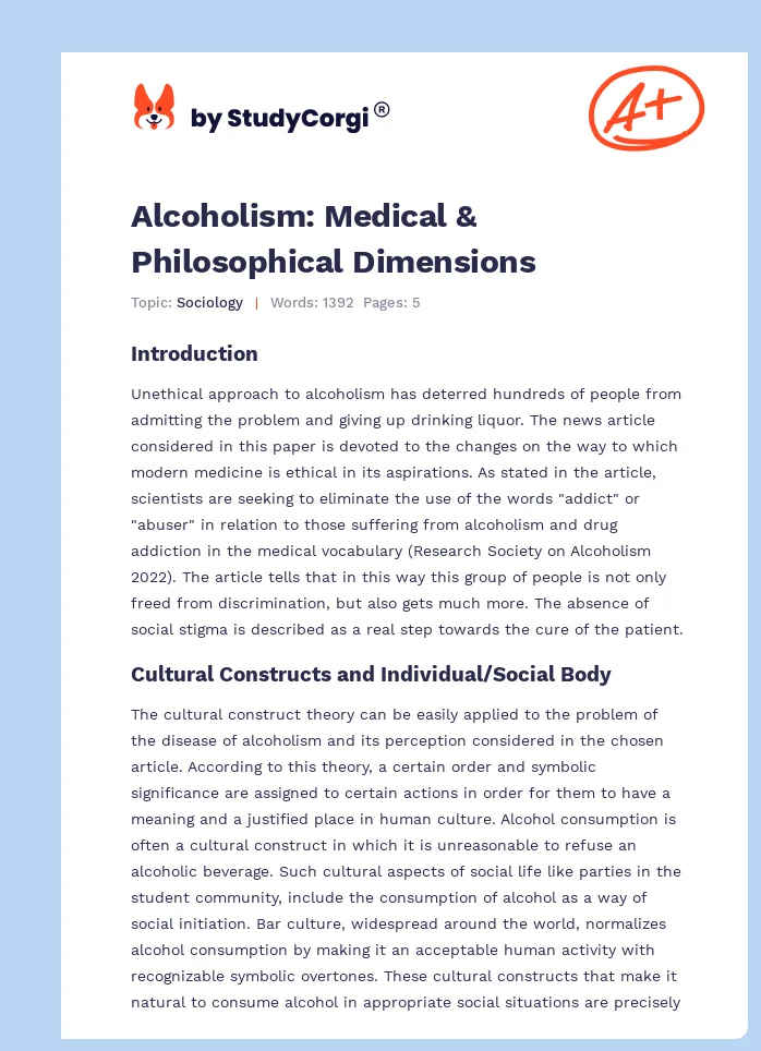Alcoholism: Medical & Philosophical Dimensions. Page 1