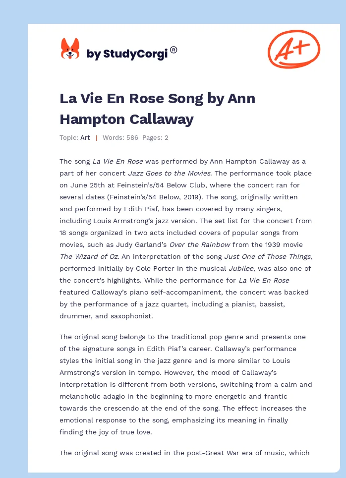 La Vie En Rose Song by Ann Hampton Callaway. Page 1