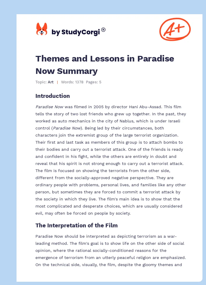Themes and Lessons in Paradise Now Summary. Page 1