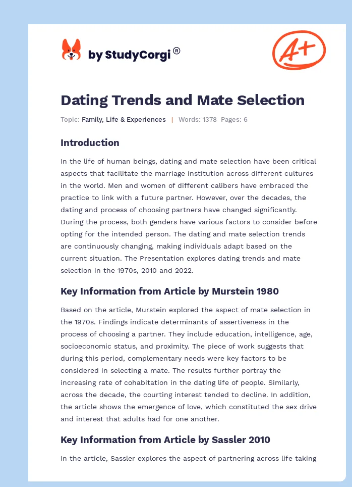 Dating Trends and Mate Selection. Page 1