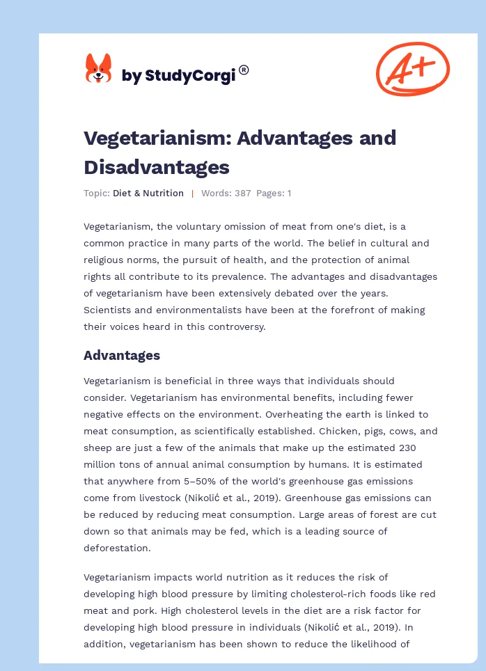 Vegetarianism: Advantages and Disadvantages. Page 1