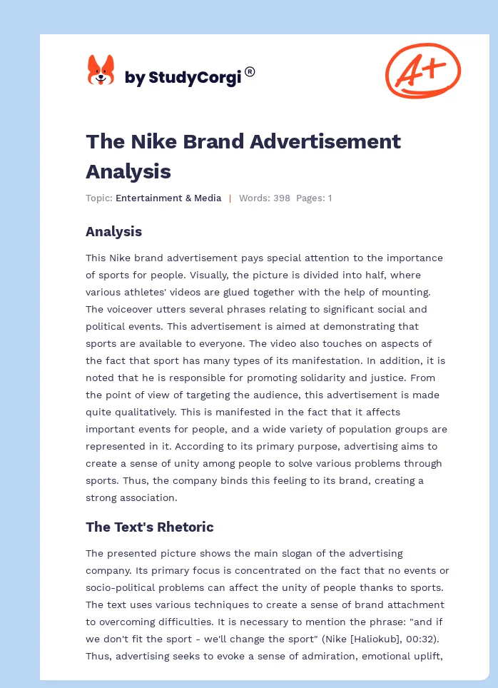 The Nike Brand Advertisement Analysis. Page 1