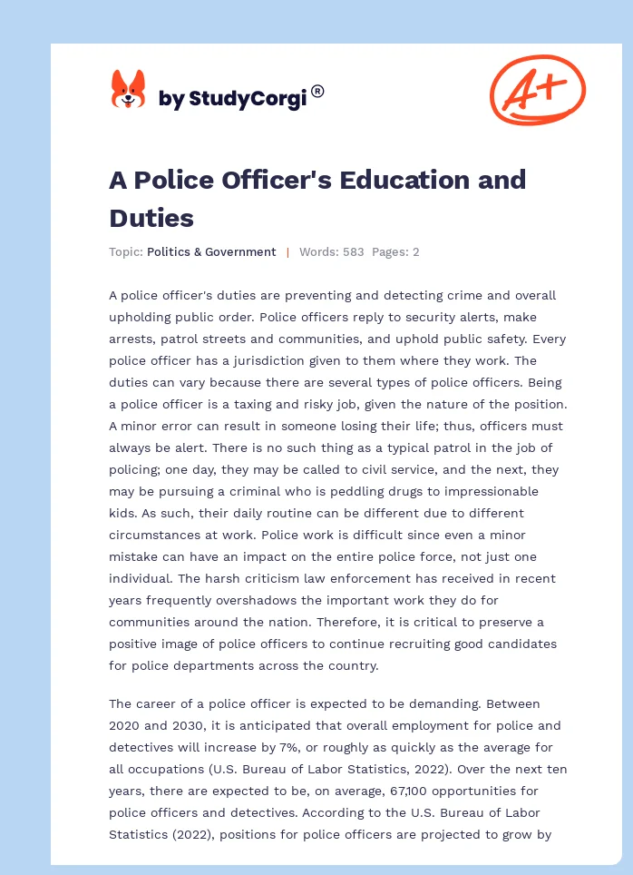 A Police Officer's Education and Duties. Page 1