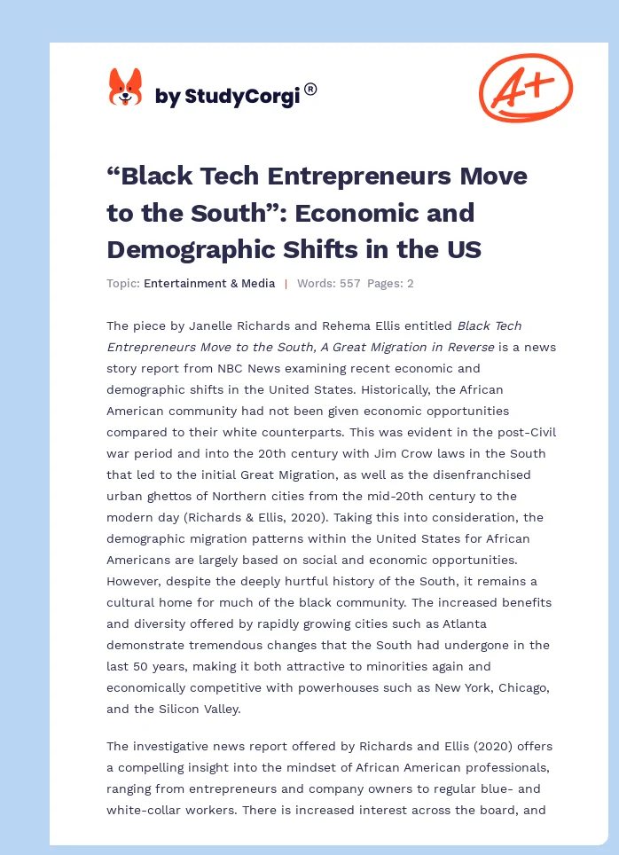 “Black Tech Entrepreneurs Move to the South”: Economic and Demographic Shifts in the US. Page 1