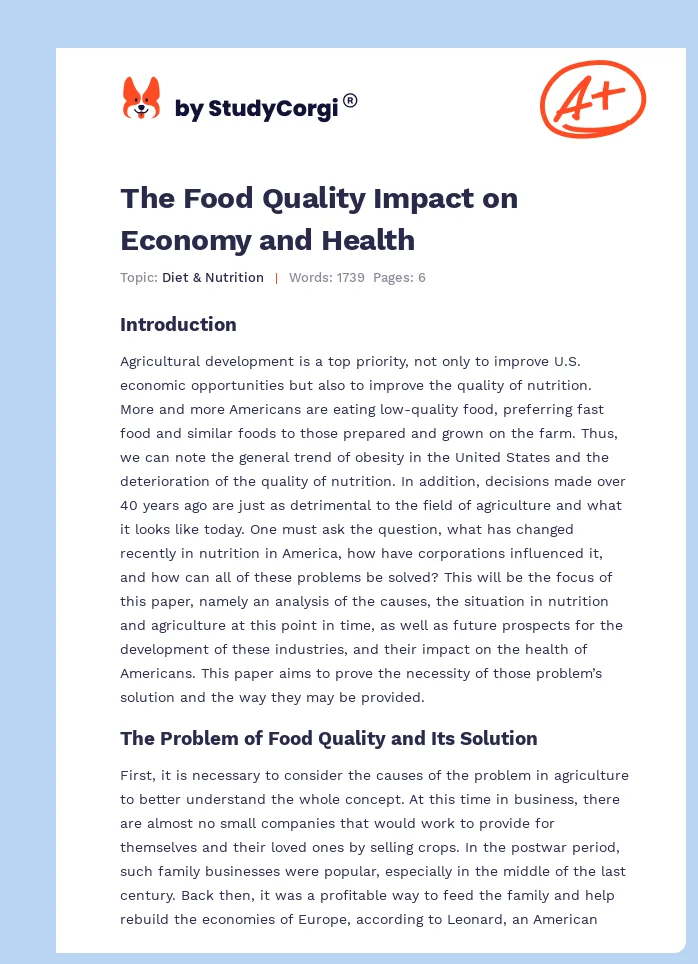 The Food Quality Impact on Economy and Health. Page 1