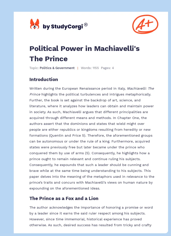 Political Power in Machiavelli's The Prince. Page 1