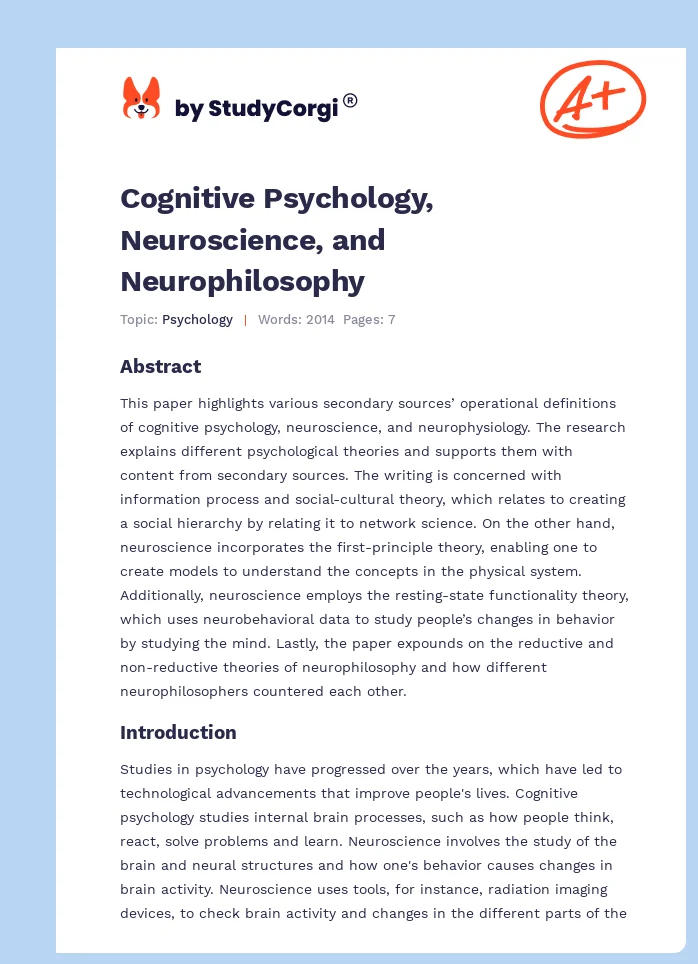 Cognitive Psychology, Neuroscience, and Neurophilosophy. Page 1
