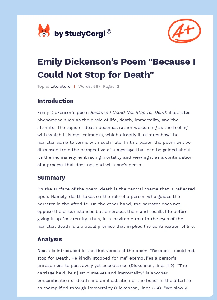 Emily Dickenson’s Poem "Because I Could Not Stop for Death". Page 1