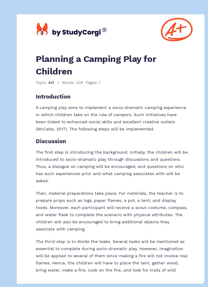 Planning a Camping Play for Children. Page 1