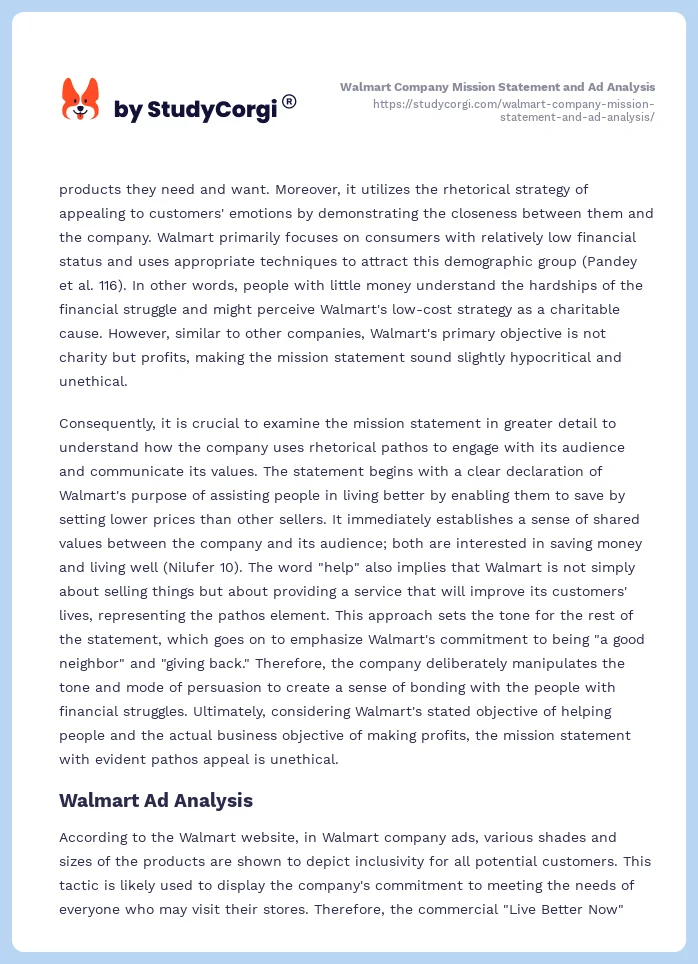 Walmart Company Mission Statement and Ad Analysis. Page 2