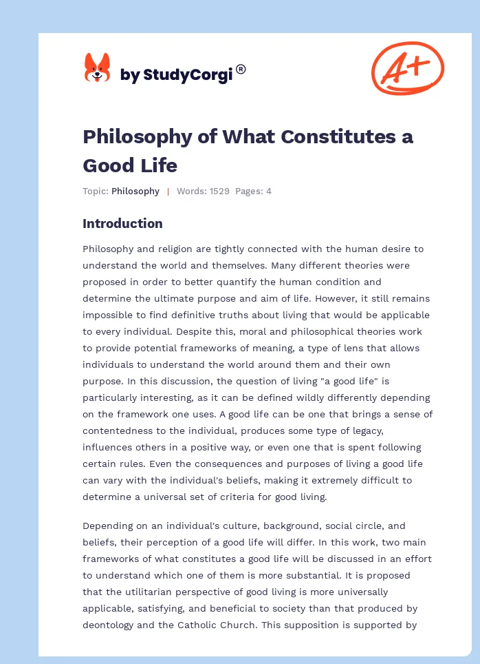 Philosophy of What Constitutes a Good Life. Page 1