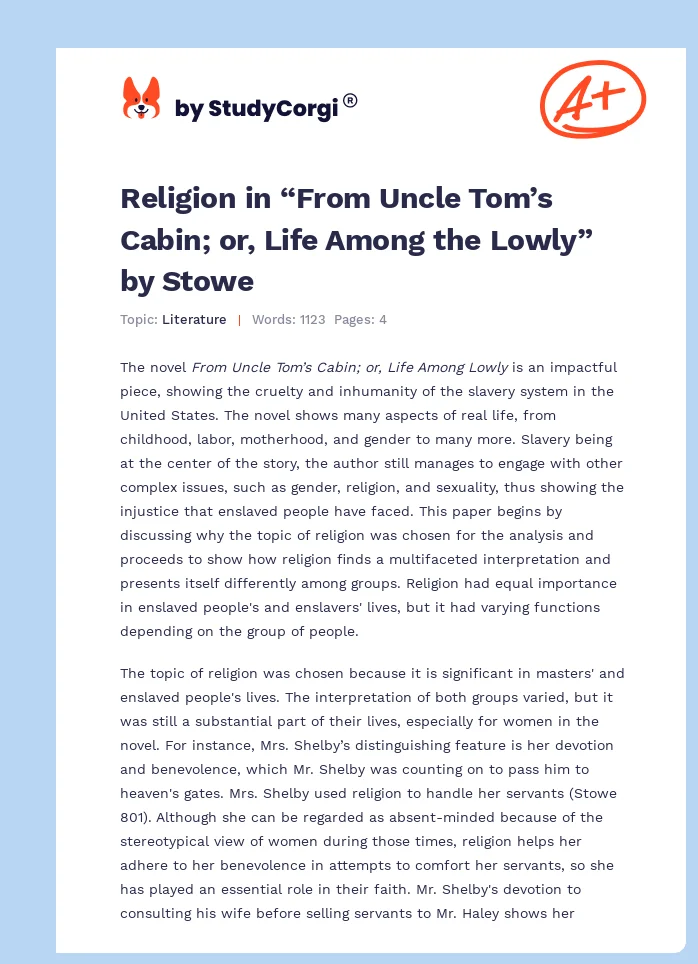 Religion in “From Uncle Tom’s Cabin; or, Life Among the Lowly” by Stowe. Page 1