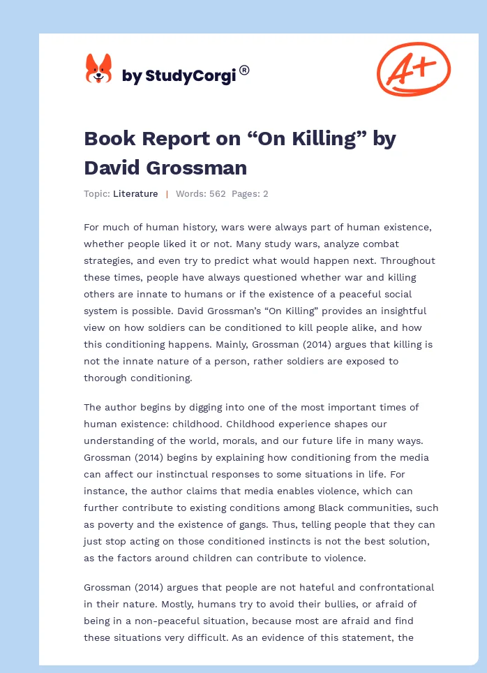 Book Report on “On Killing” by David Grossman. Page 1