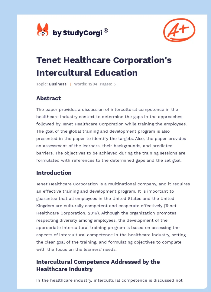 Tenet Healthcare Corporation's Intercultural Education. Page 1