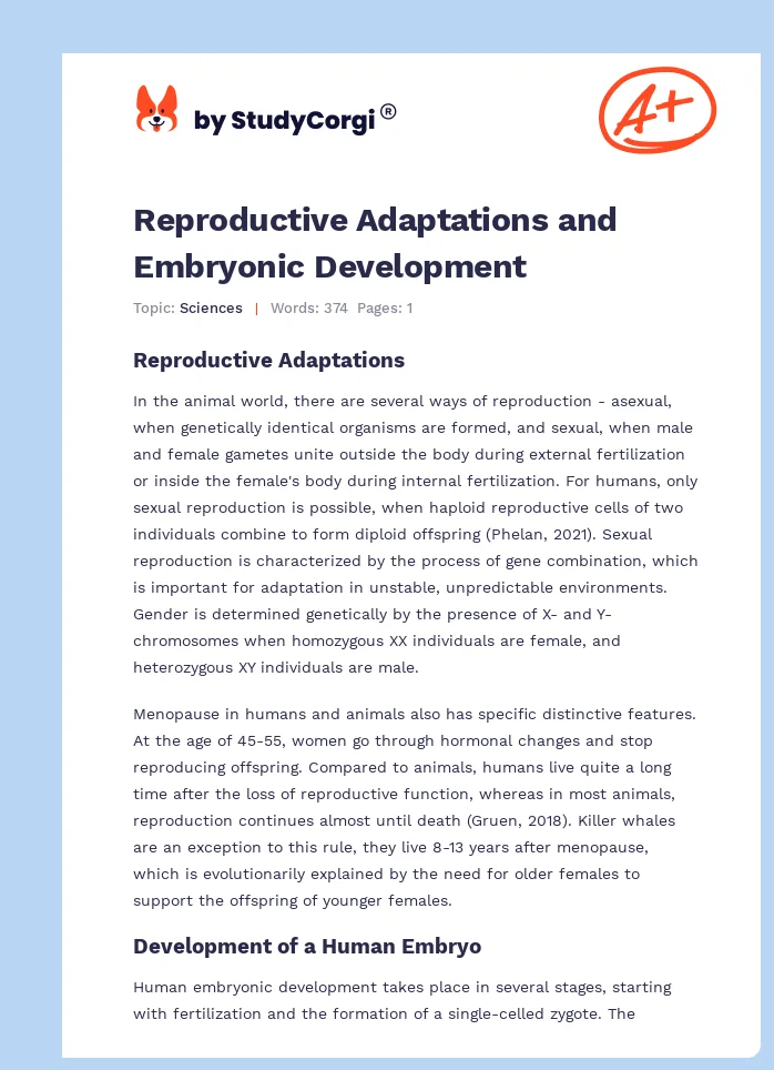 Reproductive Adaptations and Embryonic Development. Page 1