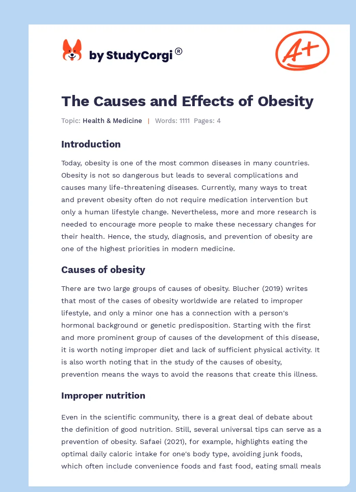 causes and effects of obesity essay 250 words