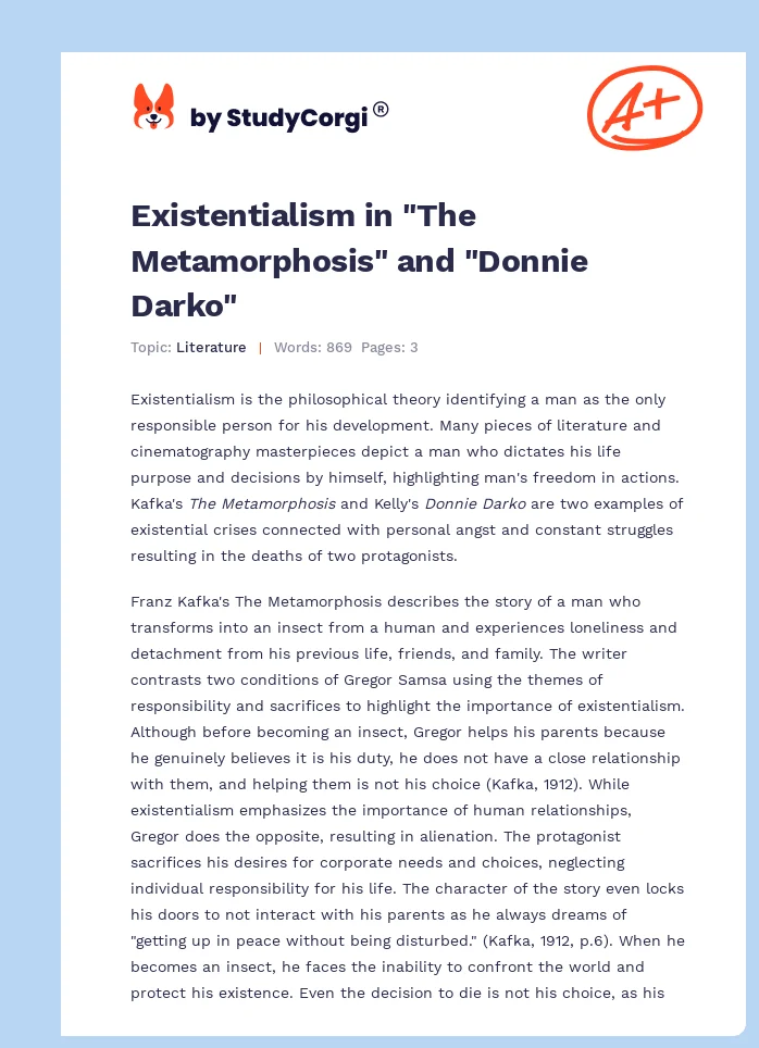 Existentialism in "The Metamorphosis" and "Donnie Darko". Page 1