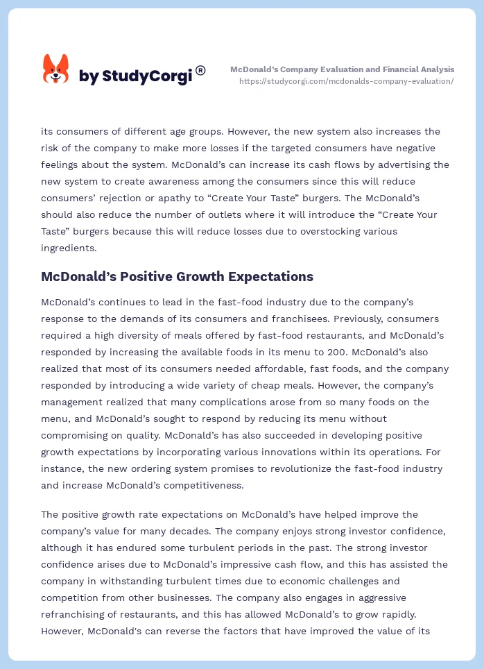 McDonald’s Company Evaluation and Financial Analysis. Page 2