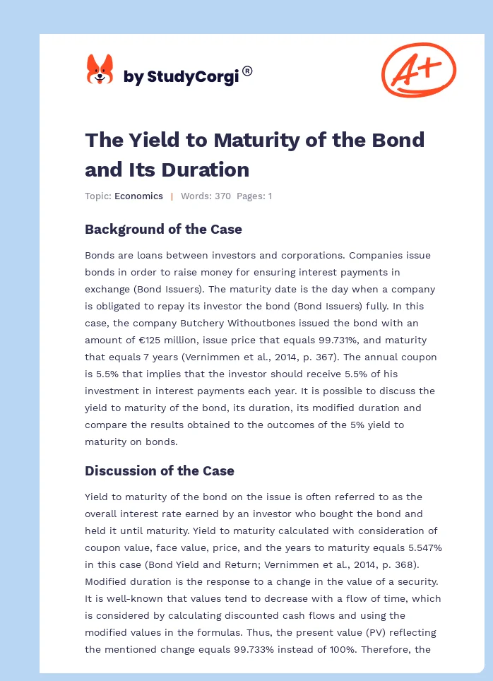The Yield to Maturity of the Bond and Its Duration. Page 1