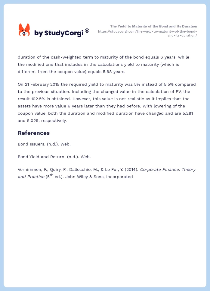 The Yield to Maturity of the Bond and Its Duration. Page 2
