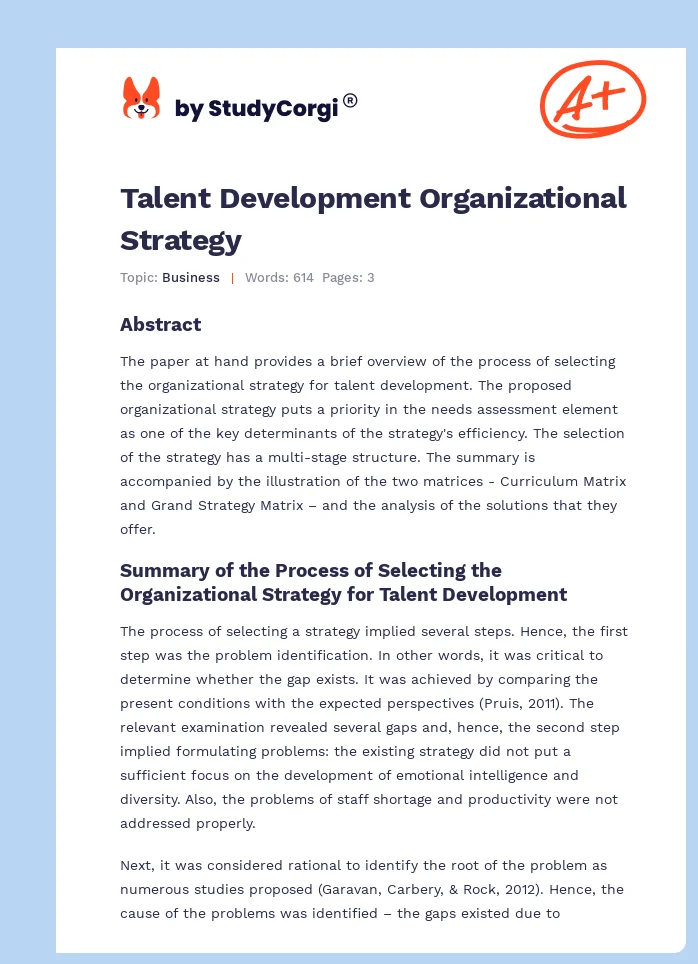 Talent Development Organizational Strategy. Page 1