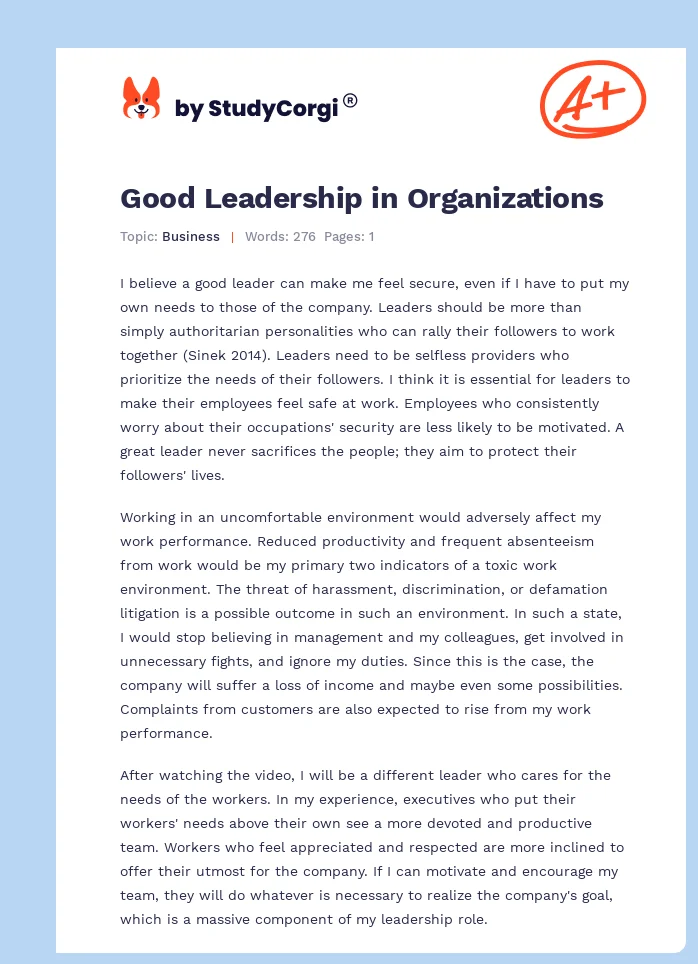 Good Leadership in Organizations. Page 1