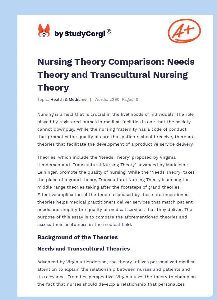 Nursing Theory Comparison: Needs Theory and Transcultural Nursing Theory. Page 1