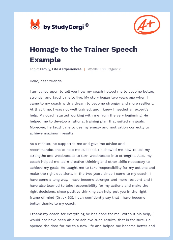 Homage to the Trainer Speech Example. Page 1