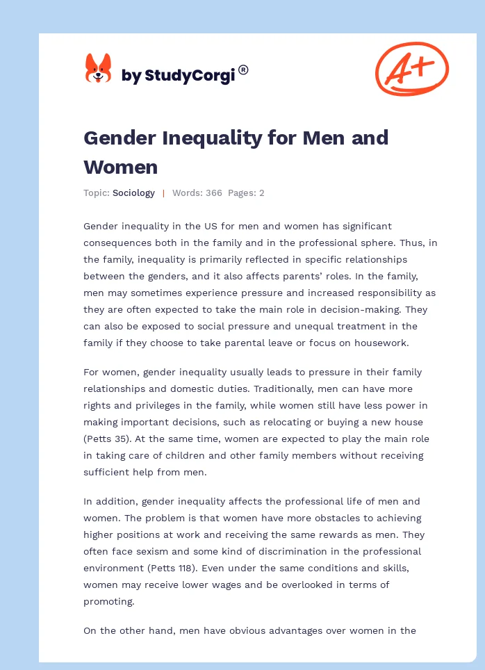 Gender Inequality for Men and Women. Page 1