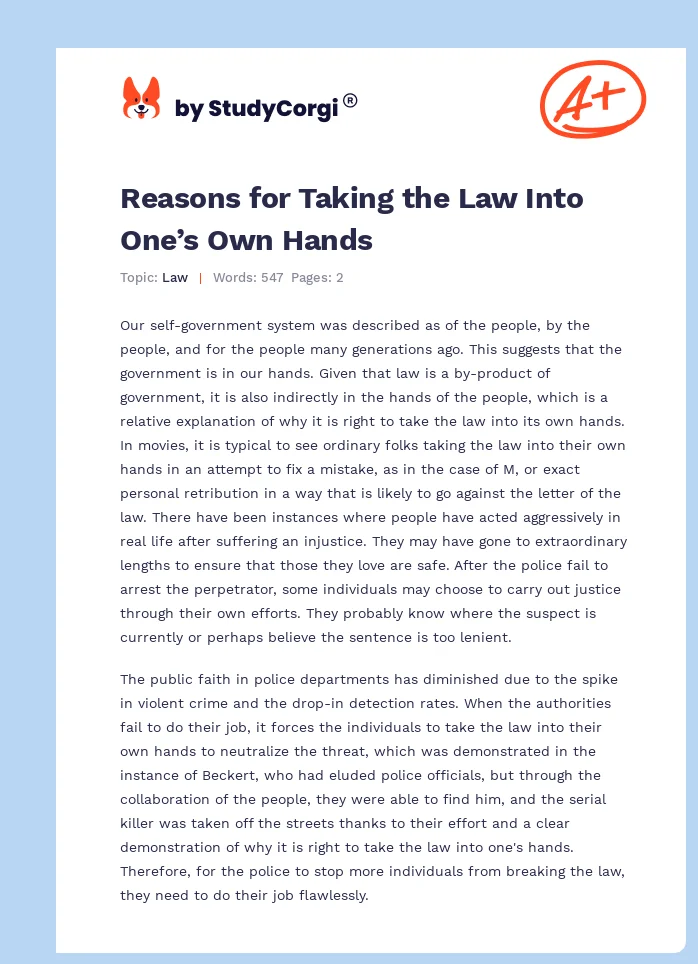 Reasons for Taking the Law Into One’s Own Hands. Page 1
