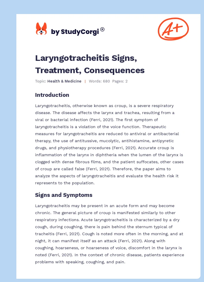 Laryngotracheitis Signs, Treatment, Consequences. Page 1