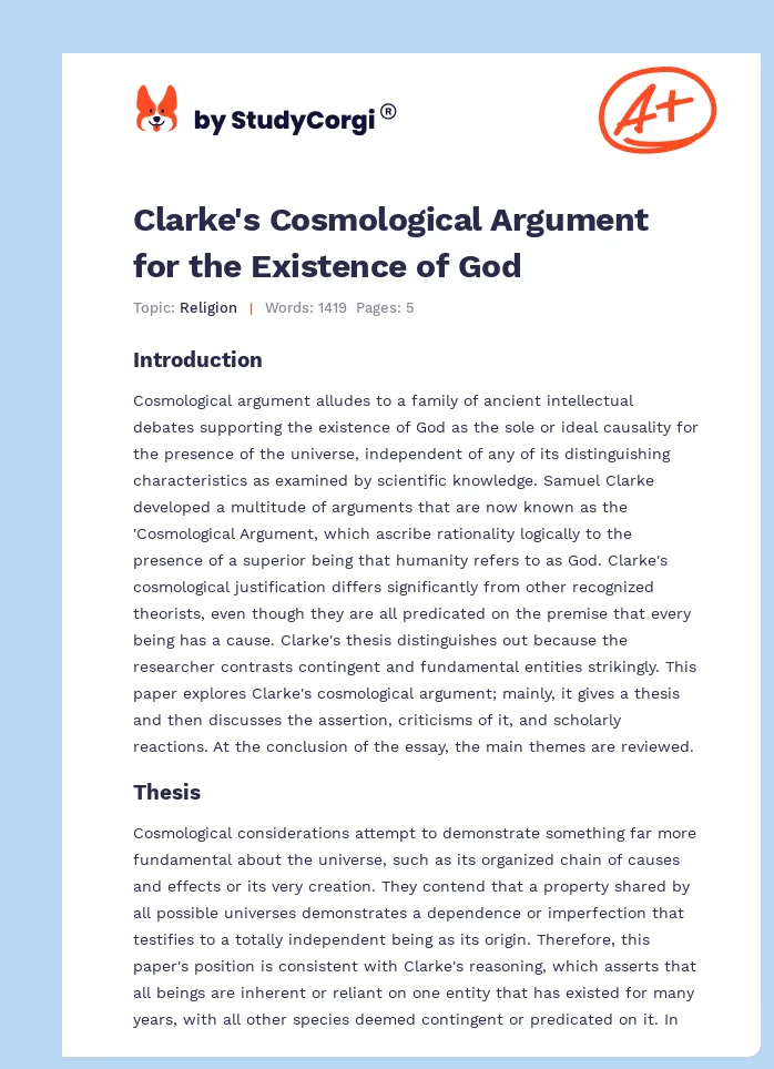 Clarke's Cosmological Argument for the Existence of God. Page 1