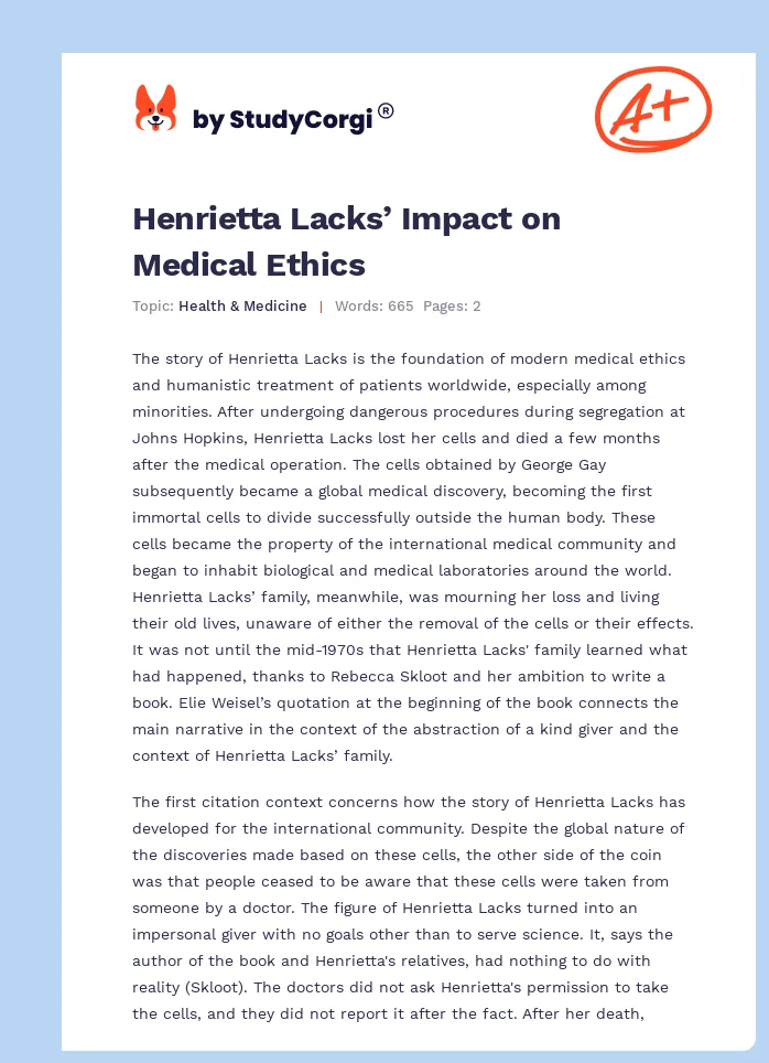 Henrietta Lacks’ Impact on Medical Ethics. Page 1