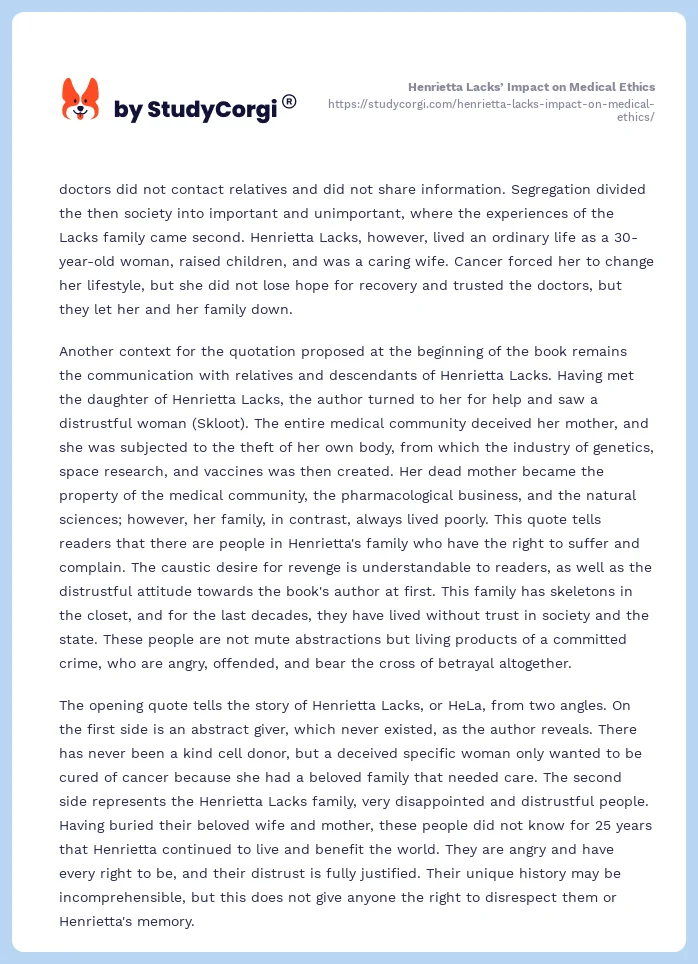 Henrietta Lacks’ Impact on Medical Ethics. Page 2