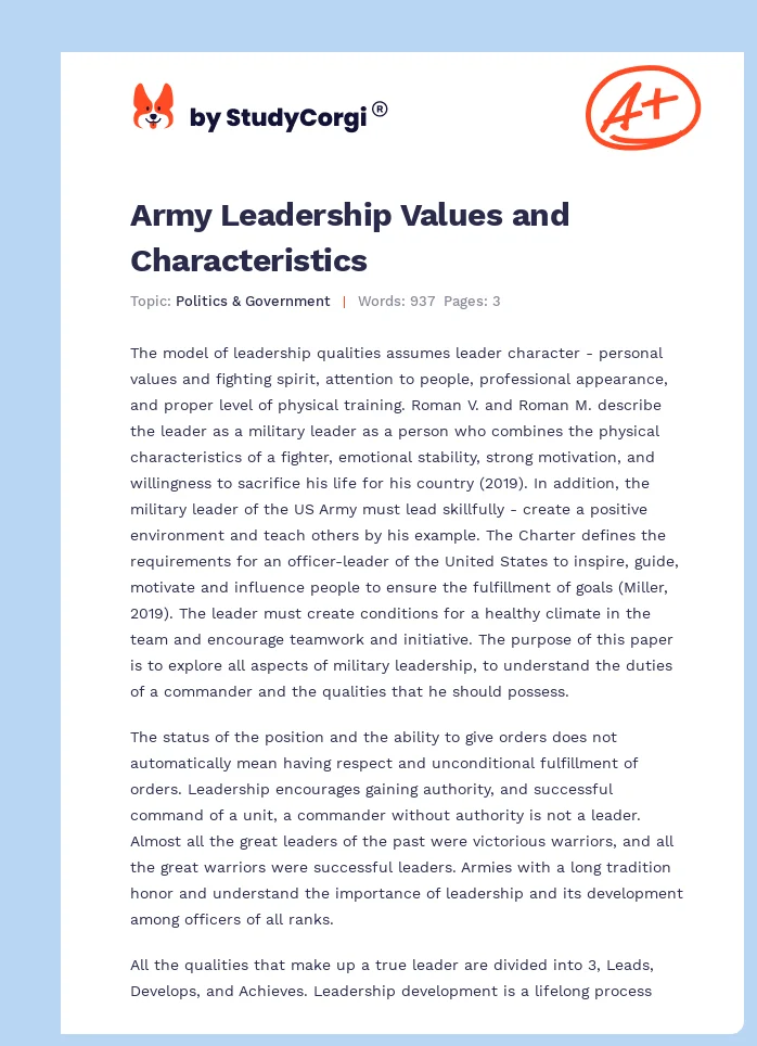 Army Leadership Values and Characteristics. Page 1