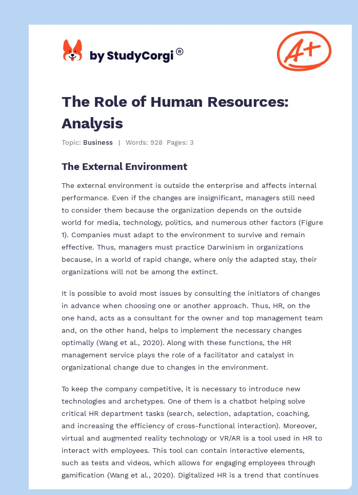 The Role of Human Resources: Analysis. Page 1