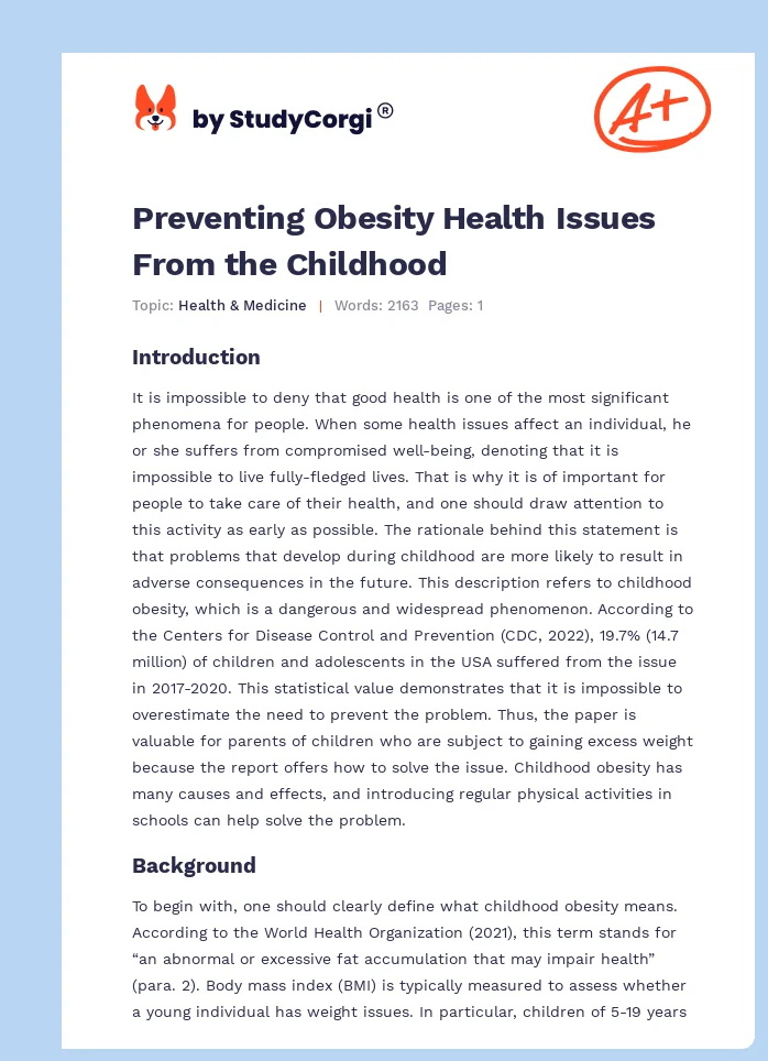 Preventing Obesity Health Issues From the Childhood. Page 1