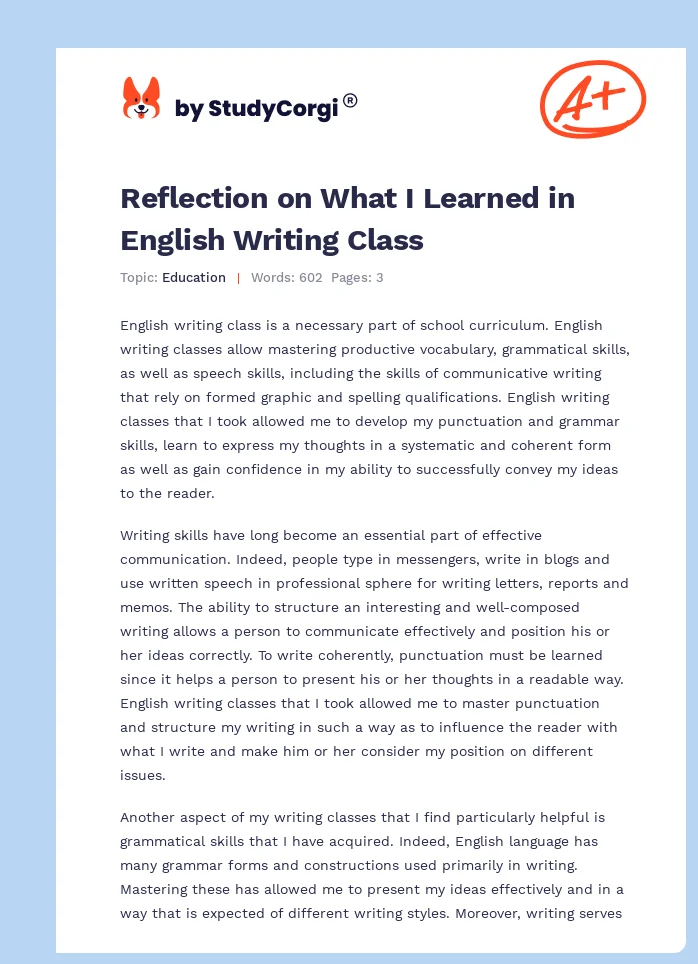 Reflection on What I Learned in English Writing Class. Page 1
