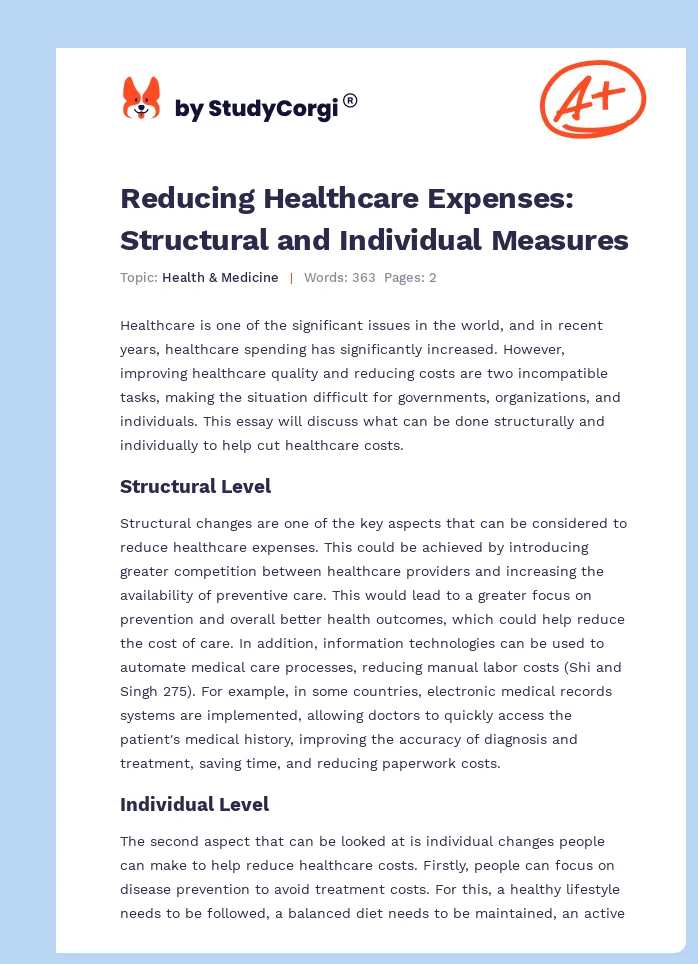Reducing Healthcare Expenses: Structural and Individual Measures. Page 1